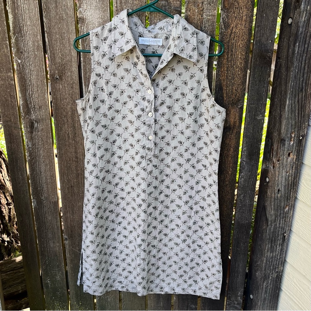 Valerie Stevens Pure Linen Floral Sleeveless Partial Button Dress Beige Sz M